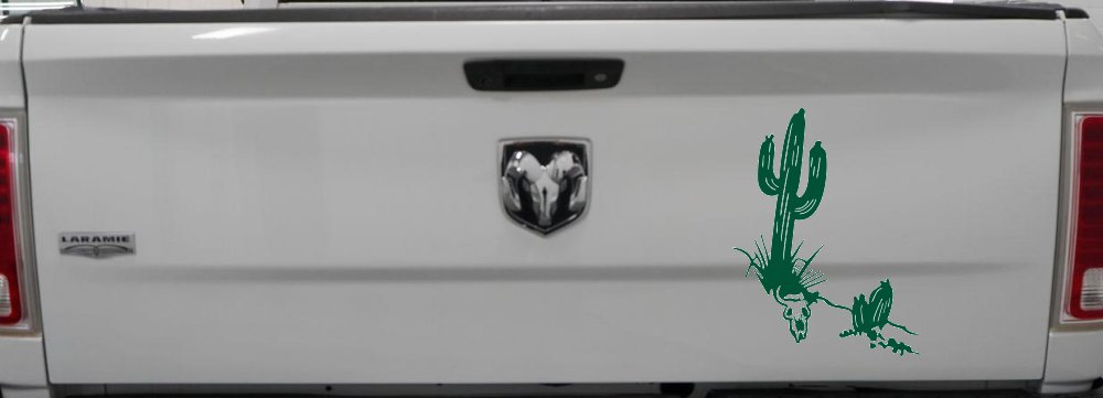 Cactus and Long Horn Skull Western Car or Truck Window Decal Sticker (Dark Green)