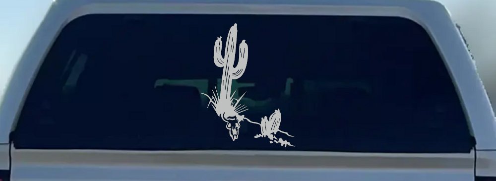 Cactus and Long Horn Skull Western Car or Truck Window Decal Sticker (Light Gray)