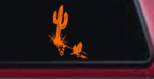 Cactus and Long Horn Skull Western Car or Truck Window Decal Sticker (Orange)