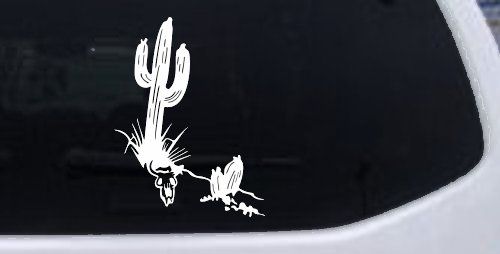Cactus and Long Horn Skull Western Car or Truck Window Decal Sticker (White)