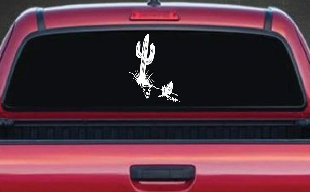 Cactus and Long Horn Skull Western Car or Truck Window Decal Sticker (White)