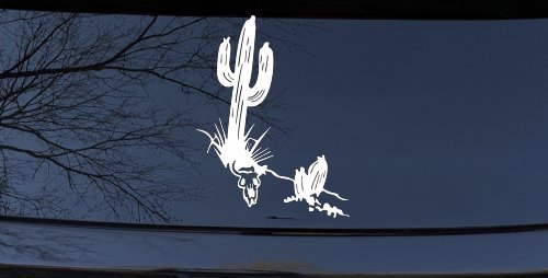 Cactus and Long Horn Skull Western Car or Truck Window Decal Sticker (White)