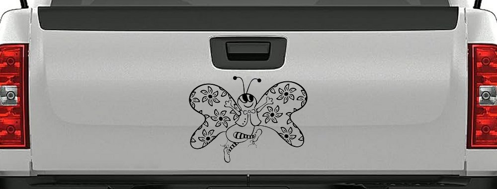 Cute Butterfly with Flowers Butterflies Car or Truck Window Decal Sticker (Matte Black)