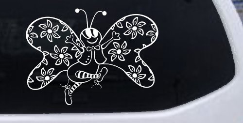 Cute Butterfly with Flowers Vinyl Decal for Car Truck Window Sticker (White)