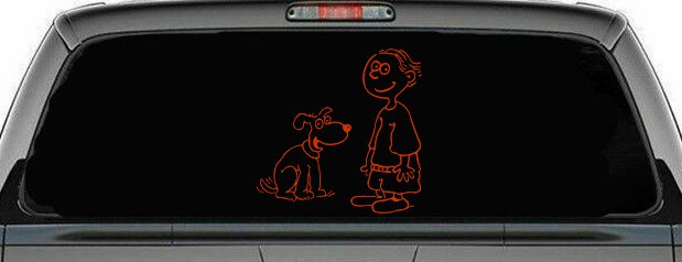 Child With Dog Stick Family Car or Truck Window Decal Sticker (Orange Red)