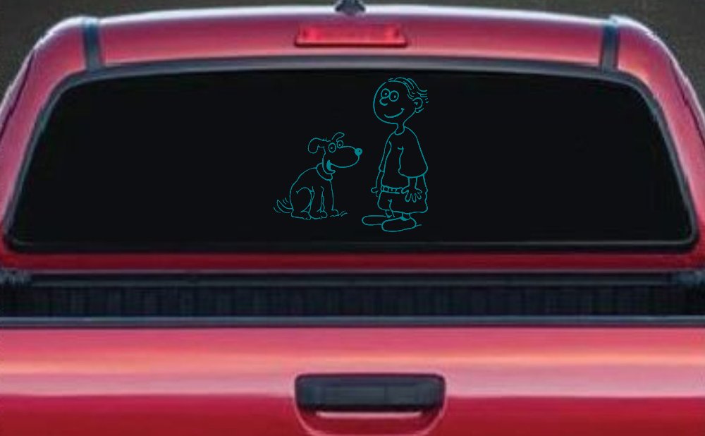 Child With Dog Stick Family Car or Truck Window Decal Sticker (Turquoise Blue)