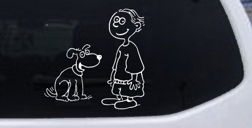 Child With Dog Stick Family Car or Truck Window Decal Sticker (White)