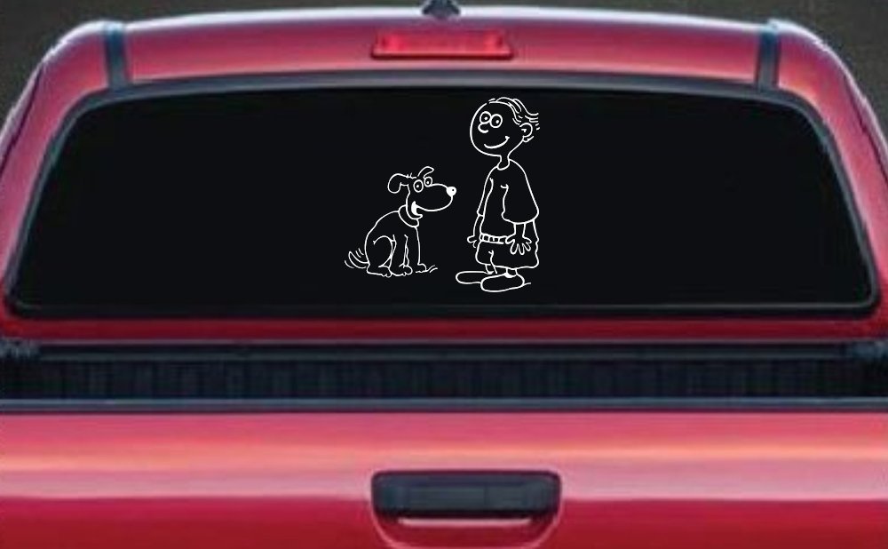 Child With Dog Stick Family Car or Truck Window Decal Sticker (White)
