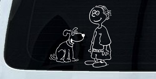 Child With Dog Stick Family Car or Truck Window Decal Sticker (White)