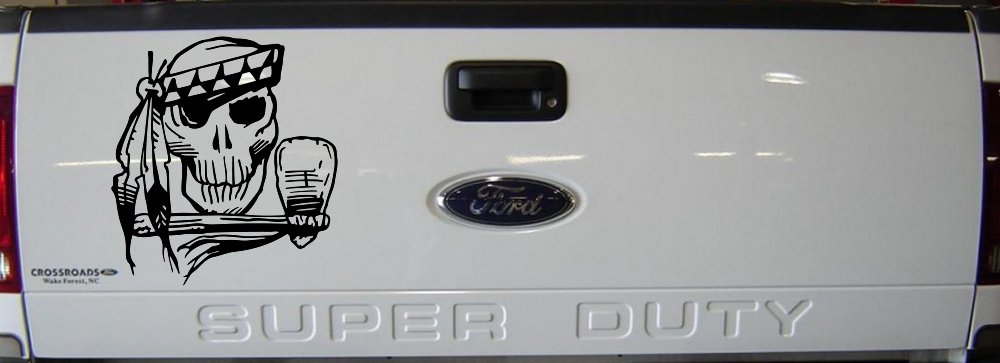 Native American Indian Skull with Tomahawk Skulls Car or Truck Window Decal Sticker (Black)