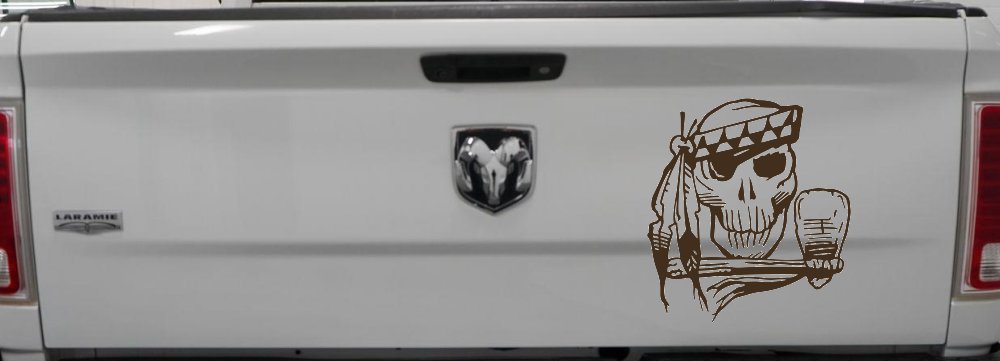 Native American Indian Skull with Tomahawk Skulls Car or Truck Window Decal Sticker (Brown)