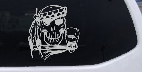 Native American Indian Skull with Tomahawk Skulls Car or Truck Window Decal Sticker (Light Gray)