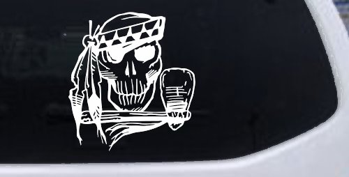Native American Indian Skull with Tomahawk Skulls Car or Truck Window Decal Sticker (White)