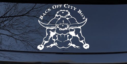 Back Off City Boy Bull Decal - Country Western Farm Truck Sticker (White)
