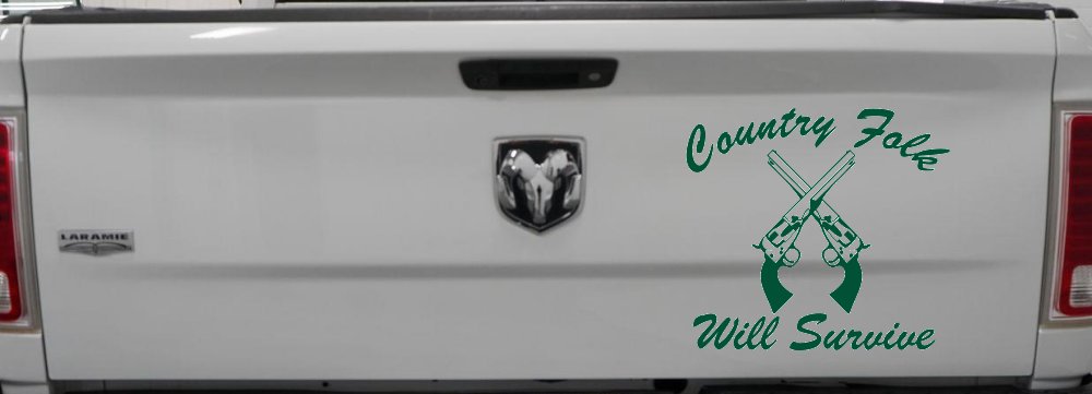 Country Folk Will Survive Crossed Guns Car or Truck Window Decal Sticker (Dark Green)