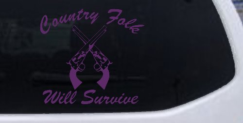 Country Folk Will Survive Crossed Guns Car or Truck Window Decal Sticker (Violet)