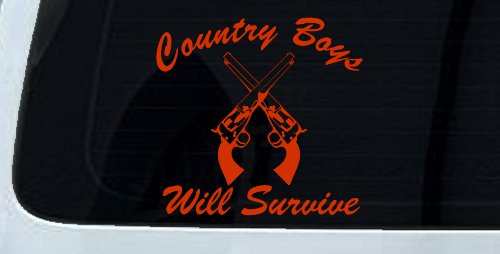 Country Boys Will Survive Crossed Guns Car or Truck Window Decal Sticker (Orange Red)