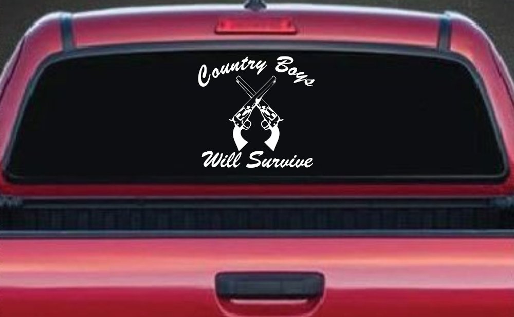 Country Boys Will Survive Crossed Guns Car or Truck Window Decal Sticker (White)