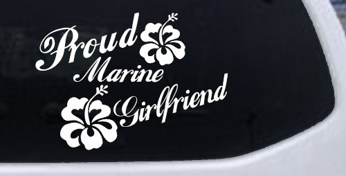 Proud Marine Girlfriend Hibiscus Flowers Military Car or Truck Window Decal Sticker (White)