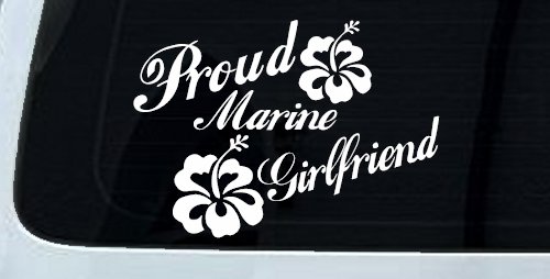 Proud Marine Girlfriend Hibiscus Flowers Military Car or Truck Window Decal Sticker (White)