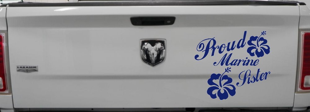 Proud Marine Sister Hibiscus Flowers Military Car or Truck Window Decal Sticker (Navy)