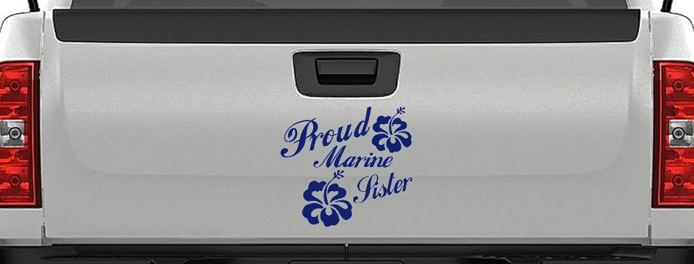 Proud Marine Sister Hibiscus Flowers Military Car or Truck Window Decal Sticker (Navy)
