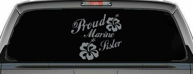 Proud Marine Sister Hibiscus Flowers Military Car or Truck Window Decal Sticker (Telegrey)