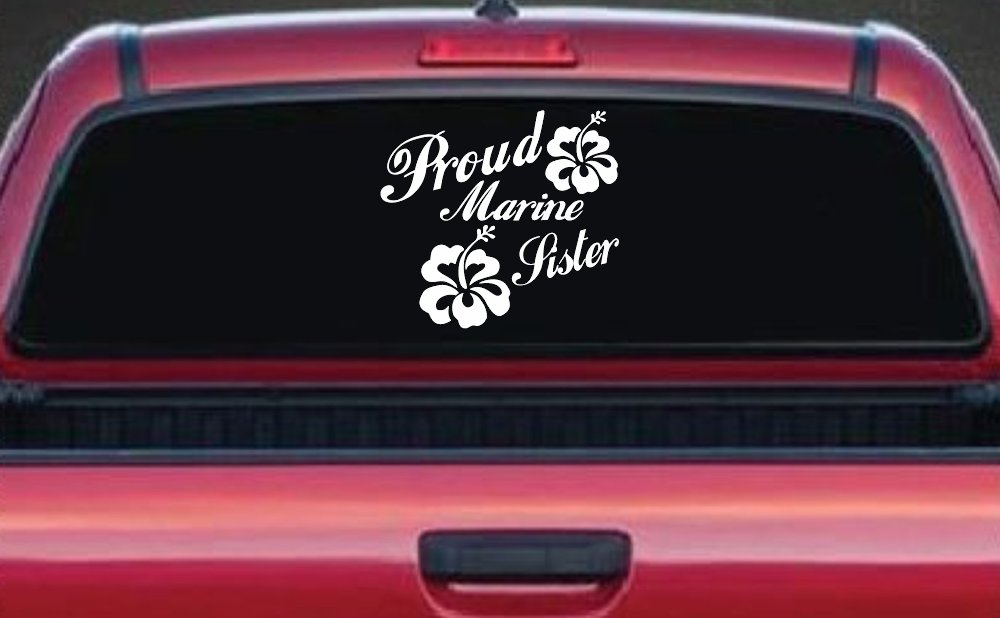 Proud Marine Sister Hibiscus Flowers Military Car or Truck Window Decal Sticker (White)