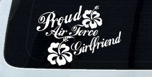Proud Air Force Girlfriend Hibiscus Flowers Military Car or Truck Window Decal Sticker (White)