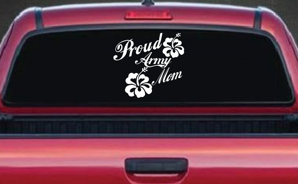 Proud Army Mom Hibiscus Flowers Military Car or Truck Window Decal Sticker (White)