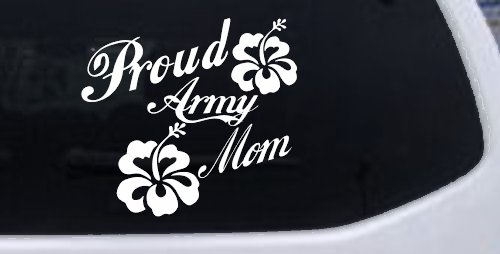 Proud Army Mom Hibiscus Flowers Military Car or Truck Window Decal Sticker (White)