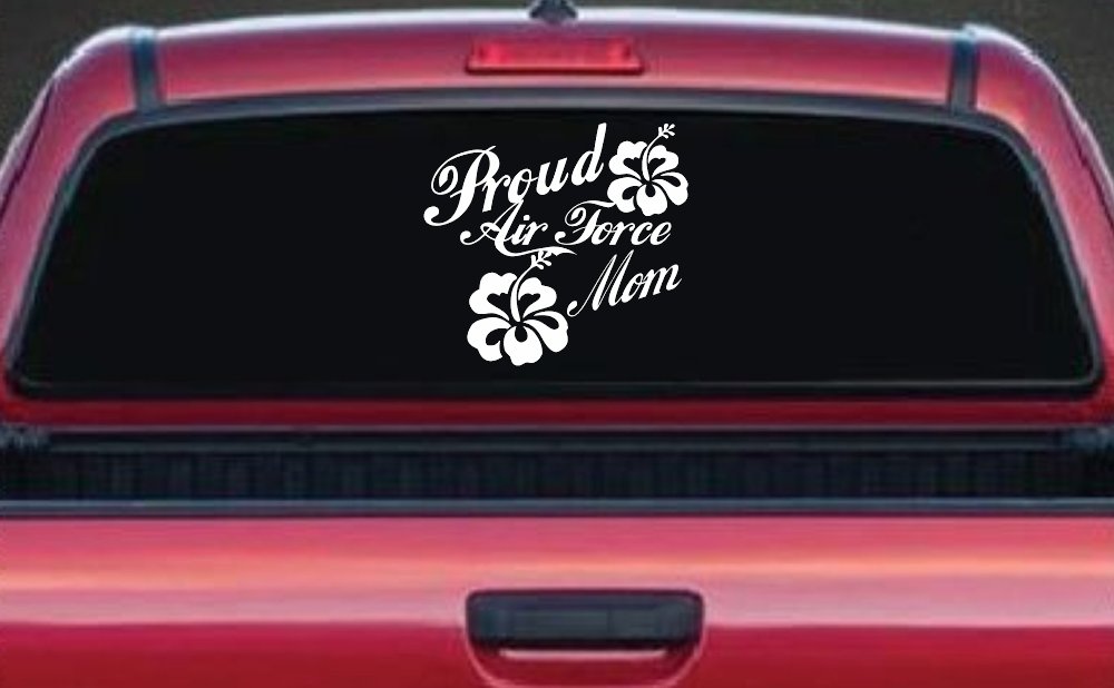 Proud Air Force Mom Hibiscus Flowers Military Car or Truck Window Decal Sticker (White)