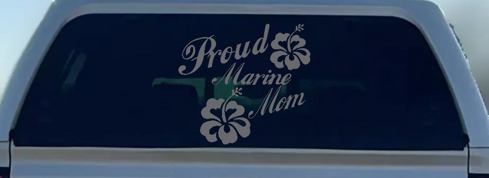 Proud Marine Mom Hibiscus Flowers Military Car or Truck Window Decal Sticker (Silver)