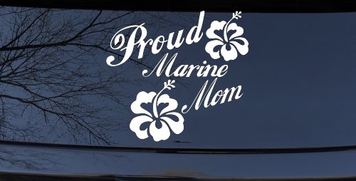 Proud Marine Mom Hibiscus Flowers Military Car or Truck Window Decal Sticker (White)