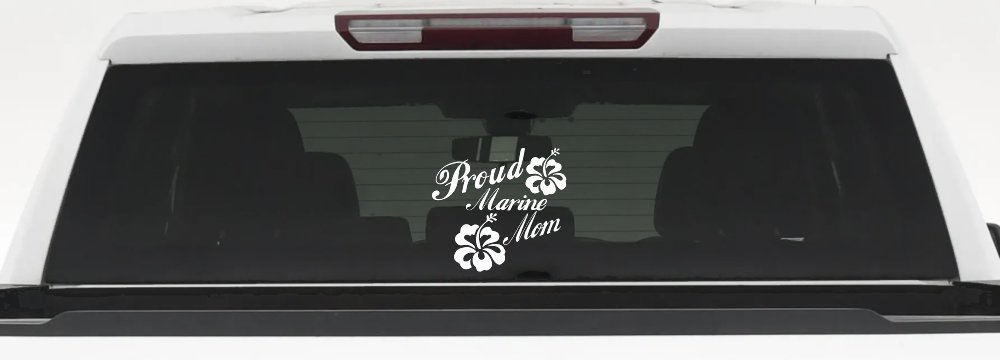 Proud Marine Mom Hibiscus Flowers Military Car or Truck Window Decal Sticker (White)