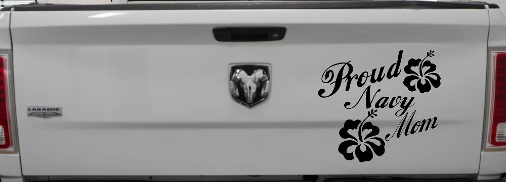 Proud Navy Mom Hibiscus Flowers Military Car or Truck Window Decal Sticker (Black)