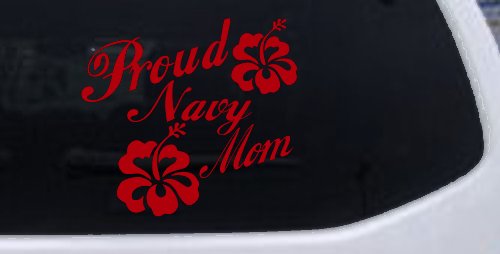 Proud Navy Mom Hibiscus Flowers Military Car or Truck Window Decal Sticker (Red)
