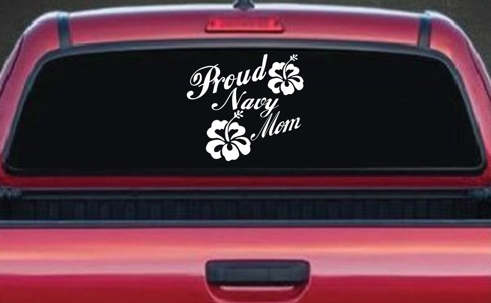 Proud Navy Mom Hibiscus Flowers Military Car or Truck Window Decal Sticker (White)