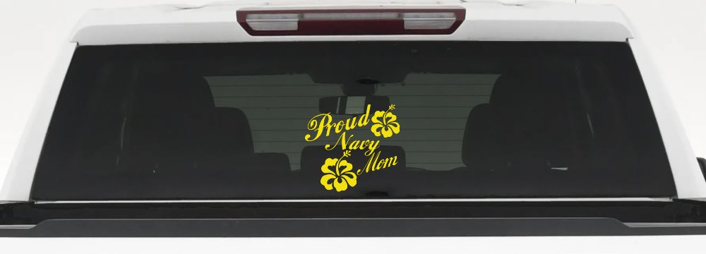 Proud Navy Mom Hibiscus Flowers Military Car or Truck Window Decal Sticker (Yellow)