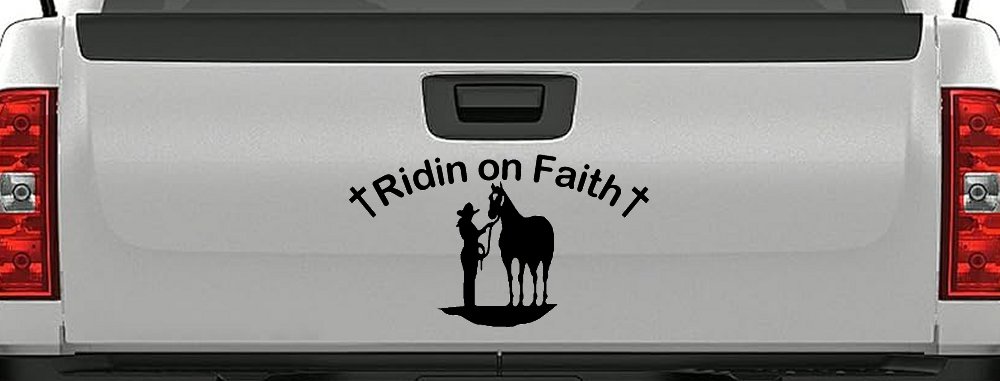 Riding Ridin on Faith Rodeo Cowgirl and Horse Western Farm or Ranch Christian Car or Truck Window Decal Sticker (Black)