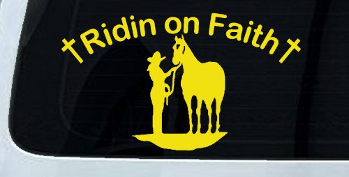 Riding Ridin on Faith Rodeo Cowgirl and Horse Western Farm or Ranch Christian Car or Truck Window Decal Sticker (Yellow)