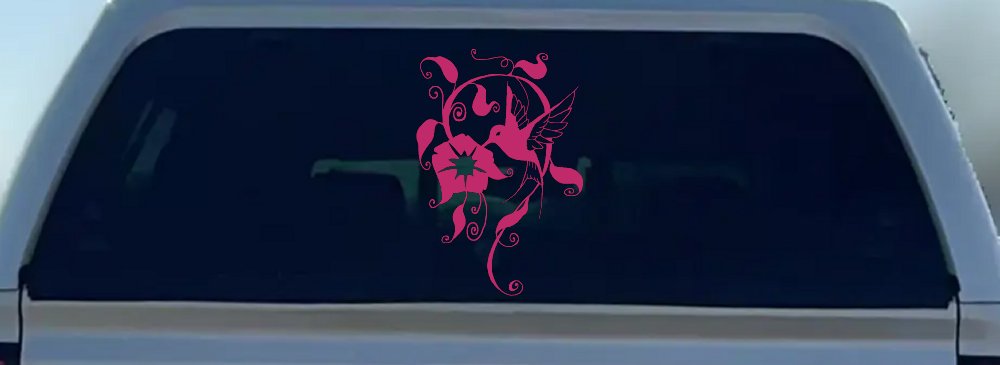 Swirl Vine Flower Hummingbird Car or Truck Window Decal Sticker (Hot Pink)