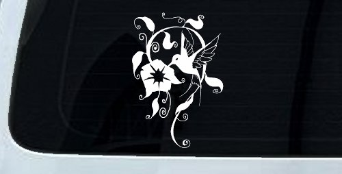 Hummingbird Swirl Vine Flower Car Truck Window Vinyl Decal Sticker (White)