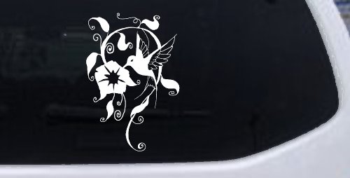 Swirl Vine Flower Hummingbird Car or Truck Window Decal Sticker (White)
