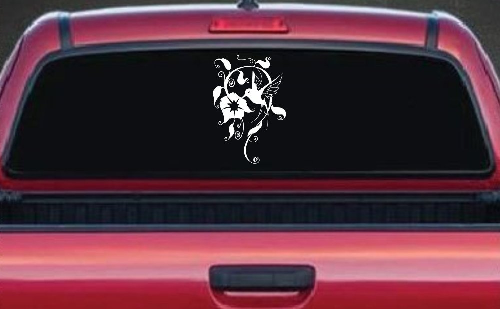 Swirl Vine Flower Hummingbird Car or Truck Window Decal Sticker (White)