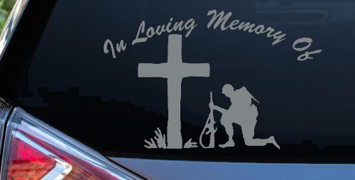In loving Memory Soldier At Cross Military Car or Truck Window Decal Sticker (Telegrey)