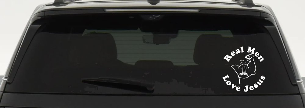 Real Men Love Jesus Christian Car or Truck Window Decal Sticker (White)