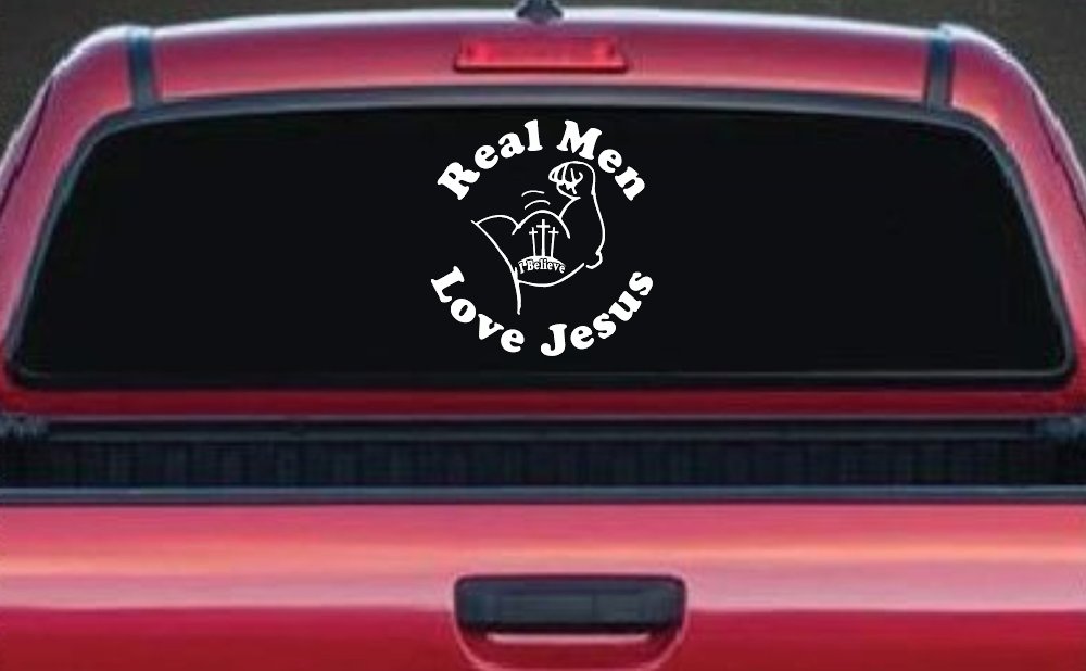 Real Men Love Jesus Christian Car or Truck Window Decal Sticker (White)