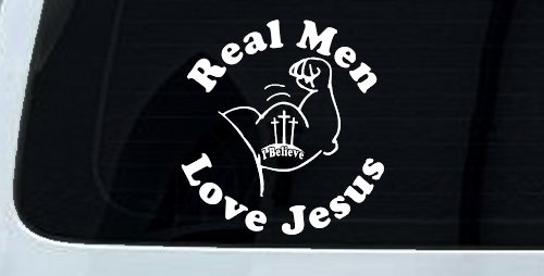 Real Men Love Jesus Christian Car or Truck Window Decal Sticker (White)