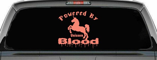 Powered By Unicorn Blood Funny Car or Truck Window Decal Sticker